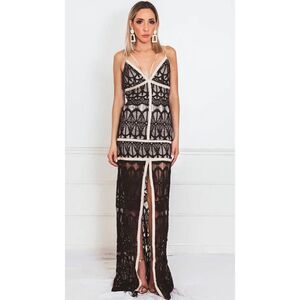 The Boutique Black and Nude Lace Slit Maxi Dress